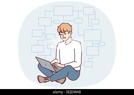 Il programmatore giovane uomo si siede a gambe incrociate sul pavimento con il laptop in grembo e crea app Foto Stock