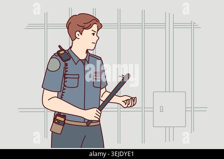 Guardia carceraria con un club di gomma in passerella vicino alla cella per criminali e tiene l'ordine in prigione. Il tizio lavora come guardia carceraria, vestito in uniforme Foto Stock