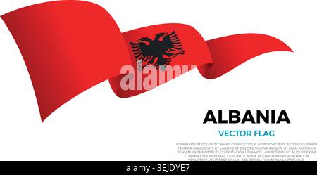 Bandiera dell'Albania. Cultura albanese ed europea. Impostare su uno sfondo bianco pulito con il nome del paese e lo spazio di copia. Rendering di un flag vettoriale luminoso Illustrazione Vettoriale