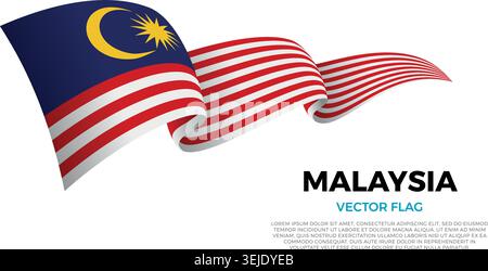 Bandiera della Malesia. Cultura malese e del sud-est asiatico. Impostare su uno sfondo bianco pulito con il nome del paese e lo spazio di copia. Un flag vettoriale luminoso Illustrazione Vettoriale