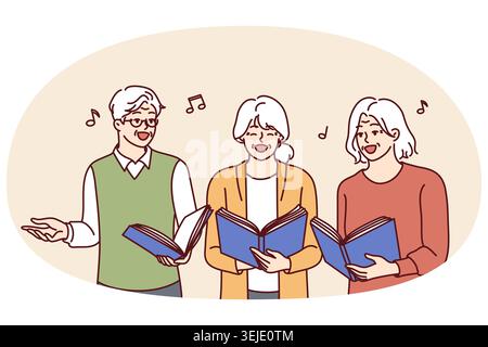Chorus anziani uomini e donne con libri di lavoro in mani cantare canzoni insieme e godere la vecchiaia Foto Stock