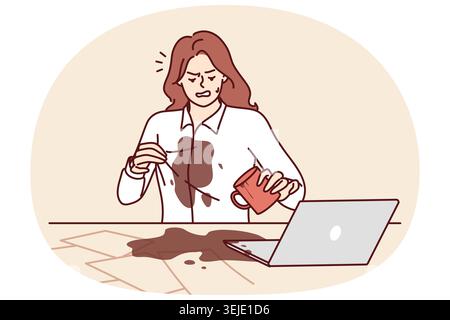 Una donna ha versato del caffè sulla camicia mentre lavorava in ufficio e si sedeva al tavolo con computer portatili e documenti Foto Stock