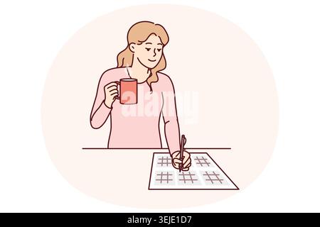La donna risolve il puzzle del sudoku e beve tè caldo gustando i teaser matematici dimostra un alto QI Foto Stock