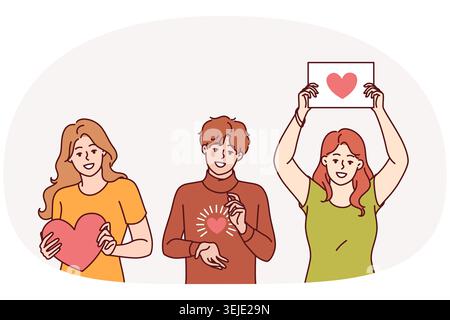 Cuori nelle mani delle persone che mostrano simbolo di gratitudine e carità, che invitano le persone a diventare volontari Foto Stock