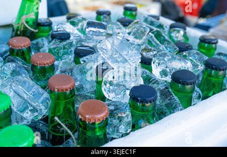 Bottiglie di birra in cubetti di ghiaccio, molti tappi per bottiglie fredde in scatola, cesto di birra ghiacciato, diverse bottiglie fredde, bevande fresche per feste estive in frigorifero Foto Stock