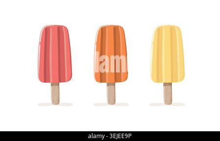 Fragole, arancia e ghiaccio al limone fanno esplodere il vettore isolato. Dessert estivo su un'illustrazione con bastoncino di legno Illustrazione Vettoriale