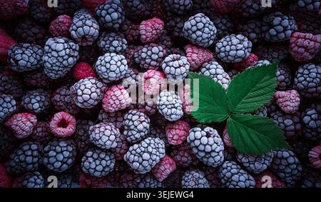 Una vista ravvicinata presenta una gamma di lamponi e more surgelati, che mostrano le loro texture uniche. Una foglia verde fresca A. Foto Stock