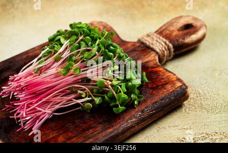 microverdure fresche, germogli di barbabietola, su un tagliere di legno, vista dall'alto, nessuna persona, Foto Stock