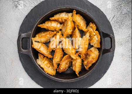 Gyoza fritti croccanti con sesamo in padella di ghisa su sfondo leggermente testurizzato deliziosi adesivi asiatici vista dall'alto Foto Stock