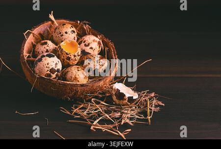 Uova di quaglia fresche, in un piatto di cocco, su un tavolo marrone di legno, vista dall'alto, verticale, senza persone, Foto Stock