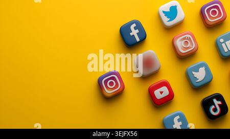 Varie icone dei social media 3D disposte diagonalmente su uno sfondo giallo brillante Foto Stock