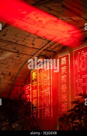 Interni e dettagli del suggestivo ristorante cinese con colorate insegne al neon appese alle pareti. Foto Stock
