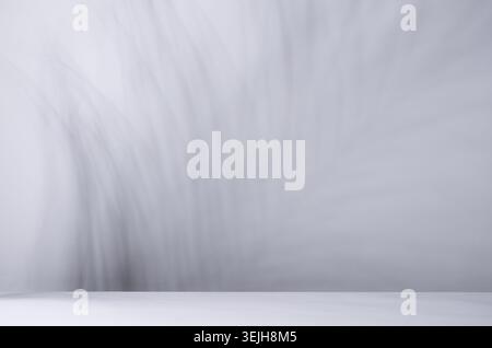Parete grigio chiaro in luce solare con foglie di palma a strisce ombra e pavimento bianco, vuoto sfondo tropicale estivo. Foto Stock