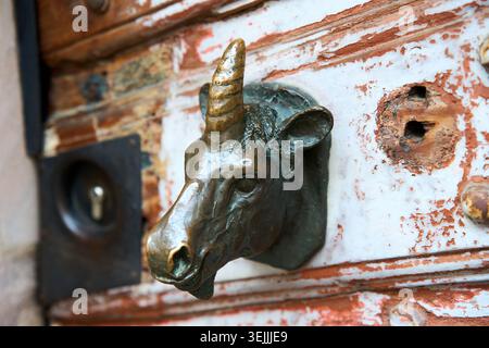 Porta a battente con testa di unicorno in bronzo antico montata su una vecchia porta in legno intemprato con vernice bianca sbucciante. Foto Stock