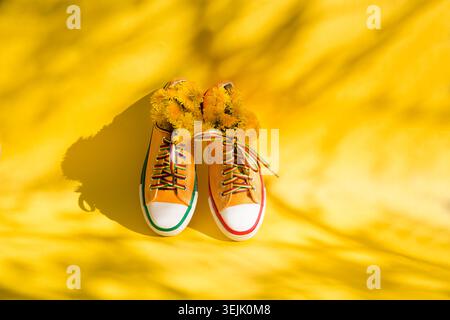 Sneakers gialle con leoni di fiori su sfondo giallo con ombre di alberi con spazio fotocopie. Fine della quarantena. deep lon Foto Stock
