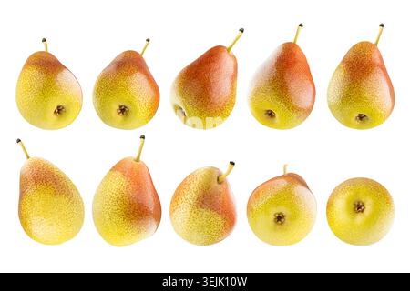 Assortimento di pere gialle fresche mature con il lato rosso macchiato, primo piano, isolate. Intero con gambo da lati diversi, studio sh Foto Stock