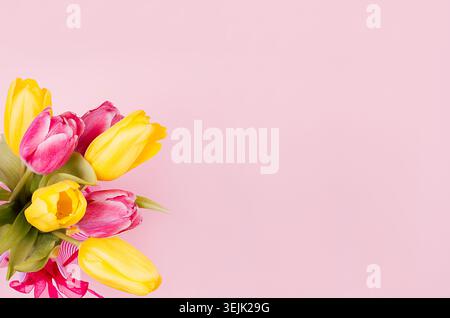 Fresco bouquet di tulipani gialli e rossi su morbido sfondo rosa pastello con spazio per copiare. Aprile, pasqua, primavera. Foto Stock