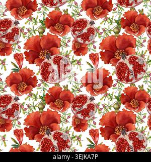Acquerello senza cuciture con melograni aperti, fiori, foglie verdi e spruzzi di succo rosso. Illustrazione per cosmetici, tessuti da cucina, imballaggi, marchi Rosh Hashanah e succhi organici. Foto Stock