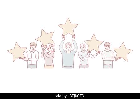 Persone che detengono stelle che danno feedback al cliente Foto Stock
