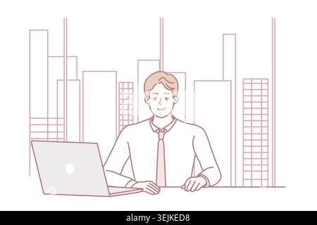 Giovane uomo d'affari caucasico alla scrivania del portatile che esamina documenti nello skyline del centro, calma e minimalista Foto Stock