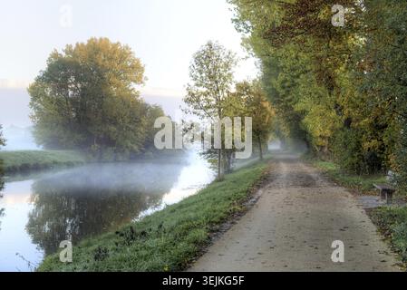 Il corso del fiume Nidda al mattino con nebbia e una sponda più ampia e deserta Foto Stock
