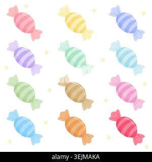 Collezione di illustrazioni vettoriali di caramelle avvolte in pastello in tonalità dolci e colorate. Carine icone piatte di dessert isolate su sfondo bianco, perfette Illustrazione Vettoriale