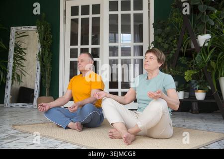 Coppia anziana stile di vita sano. Una coppia anziana che fa esercizi a casa la mattina. Foto Stock