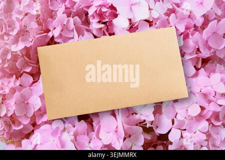 Busta, cartoncino bianco su ortensia rosa come sfondo di fiori. Foto Stock