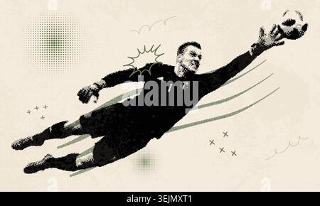 Portiere di calcio tuffarsi per salvare la porta in stile illustrazione retro mezzitoni Illustrazione Vettoriale