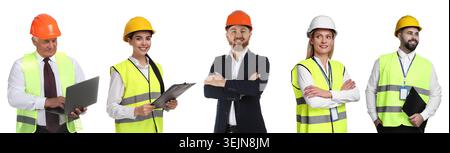 Ingegneri con elmetti. Collezione di ritratti su sfondo bianco Foto Stock