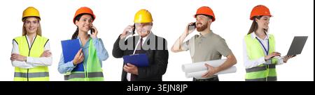 Ingegneri con elmetti. Collezione di ritratti su sfondo bianco Foto Stock