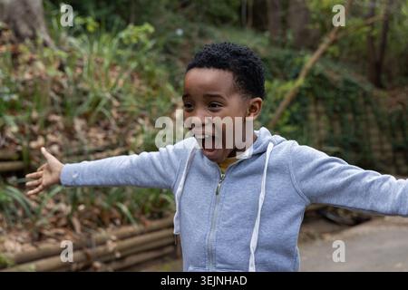 Scolaro afroamericano in piedi su un sentiero lastricato con felpa con cappuccio grigia, camicia gialla, braccia larghe. Bambino, stile di vita, schietto, o Foto Stock