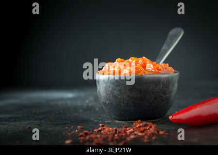 Adjika tradizionale salsa piccante al peperoncino harissa. Tunisia, cucina georgiana e araba. Orientamento orizzontale. Spazio per Foto Stock