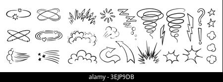 Set di effetti manga a fumetti. Esplosioni di Doodle, linee di velocità, segni di emozione, fulmini, frecce, uragano. Graziosi tratti di espressione anime di schizzo e icone di energia del movimento. Icona illustrazione vettoriale Illustrazione Vettoriale