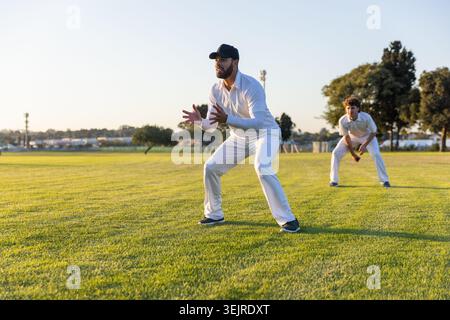 Compagni di squadra maschi che accovacciano e si alzano sul campo di cricket, indossano cappellino bianco e nero, lanciano il sole. Cricketers, all'aperto, erba, Foto Stock