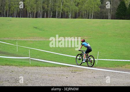 Il ciclista con casco cavalca in mountain bike su un percorso praticato nella foresta erbosa Foto Stock