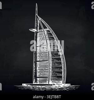 Illustrazione di uno schizzo di un moderno monumento architettonico, il Burj al Arab, caratterizzato dalla sua caratteristica silhouette a forma di vela su uno sfondo scuro Illustrazione Vettoriale