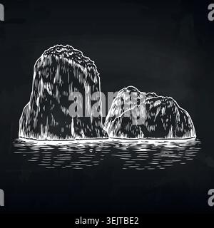 Illustrazione in bianco e nero di due grandi formazioni rocciose che emergono dall'acqua calma, mostrando texture e contorni dettagliati contro un buio Illustrazione Vettoriale