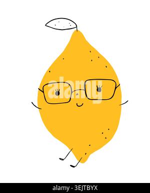 Carino cartone animato disegnato a mano, limone con occhiali da vista, personaggio retrò vettoriale kawaii con viso, occhi mani e piedi, design estivo di agrumi per bambini Illustrazione Vettoriale