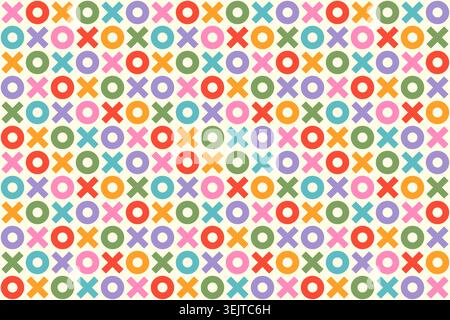 Graziosi abbracci e baci xoxo, disegno vettoriale circolare e incrociato, colorato sfondo di gioco tac per bambini per cartoleria scolastica per bambini, valentin Illustrazione Vettoriale