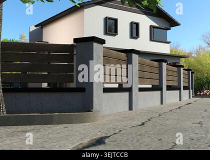 Casa contemporanea a due piani con grandi finestre, recinzione e giardino paesaggistico. Perfetto per progetti immobiliari, architettonici o di home design Foto Stock