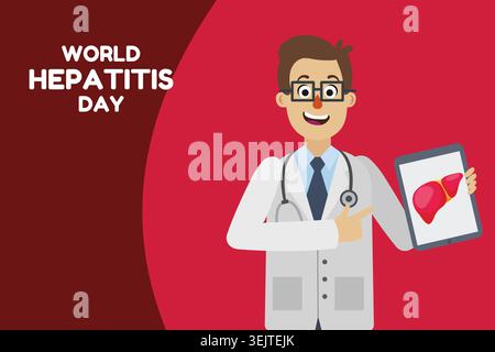 Medico che tiene in mano una compressa con immagine del fegato per la consapevolezza del World Hepatitis Day. Illustrazione Vettoriale