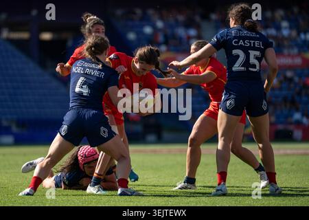 Valladolid, Spagna. 29 maggio 2026. Giocatori francesi e spagnoli durante la partita femminile di Pool C tra Francia 7s e Spagna 7s all'HSBC SVNS World Series Valladolid 2026 all'Estadio Jose Zorrilla. Crediti: Visual e Written/Alamy Live News Foto Stock
