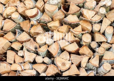 Tronchi di legna da ardere tritati impilati trama di fondo in pila di legno Foto Stock