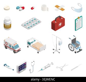 Icone isometriche medicali con attrezzature sanitarie, medicinali e strumenti di emergenza. Illustrazioni ospedaliere, terapeutiche, di pronto soccorso e di servizi medici Illustrazione Vettoriale