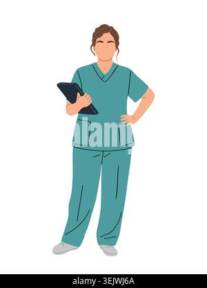 Infermiere illustrato in scrub di tè tiene gli appunti Illustrazione Vettoriale