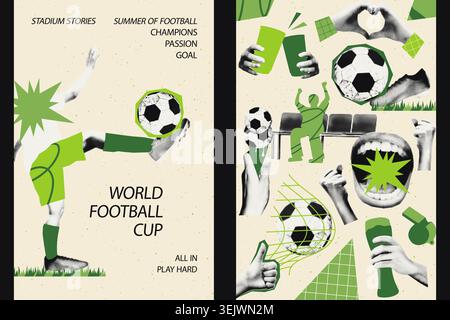Calcio calcio Half tone banner collage set di immagini vettoriali Illustrazione Vettoriale