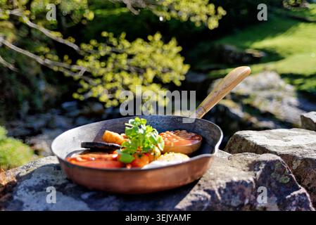 Una colazione rustica a base di fagioli, salsicce e pane fritto viene servita in una padella di ghisa su un muro di pietra. Foto Stock