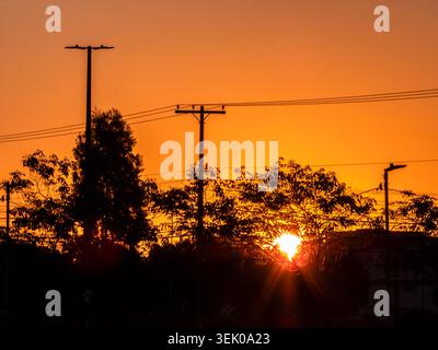 Un tramonto mozzafiato dell'ora d'oro in Brasile, caratterizzato dalle sagome scure di pali, linee elettriche e alberi lussureggianti contro un arancione vibrante e. Foto Stock