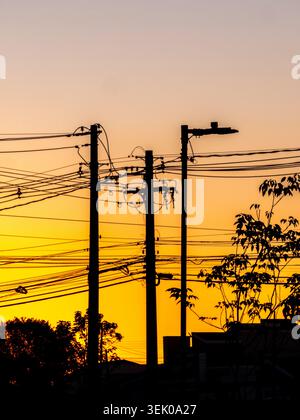 Un tramonto mozzafiato dell'ora d'oro in Brasile, caratterizzato dalle sagome scure di pali, linee elettriche e alberi lussureggianti contro un arancione vibrante e. Foto Stock